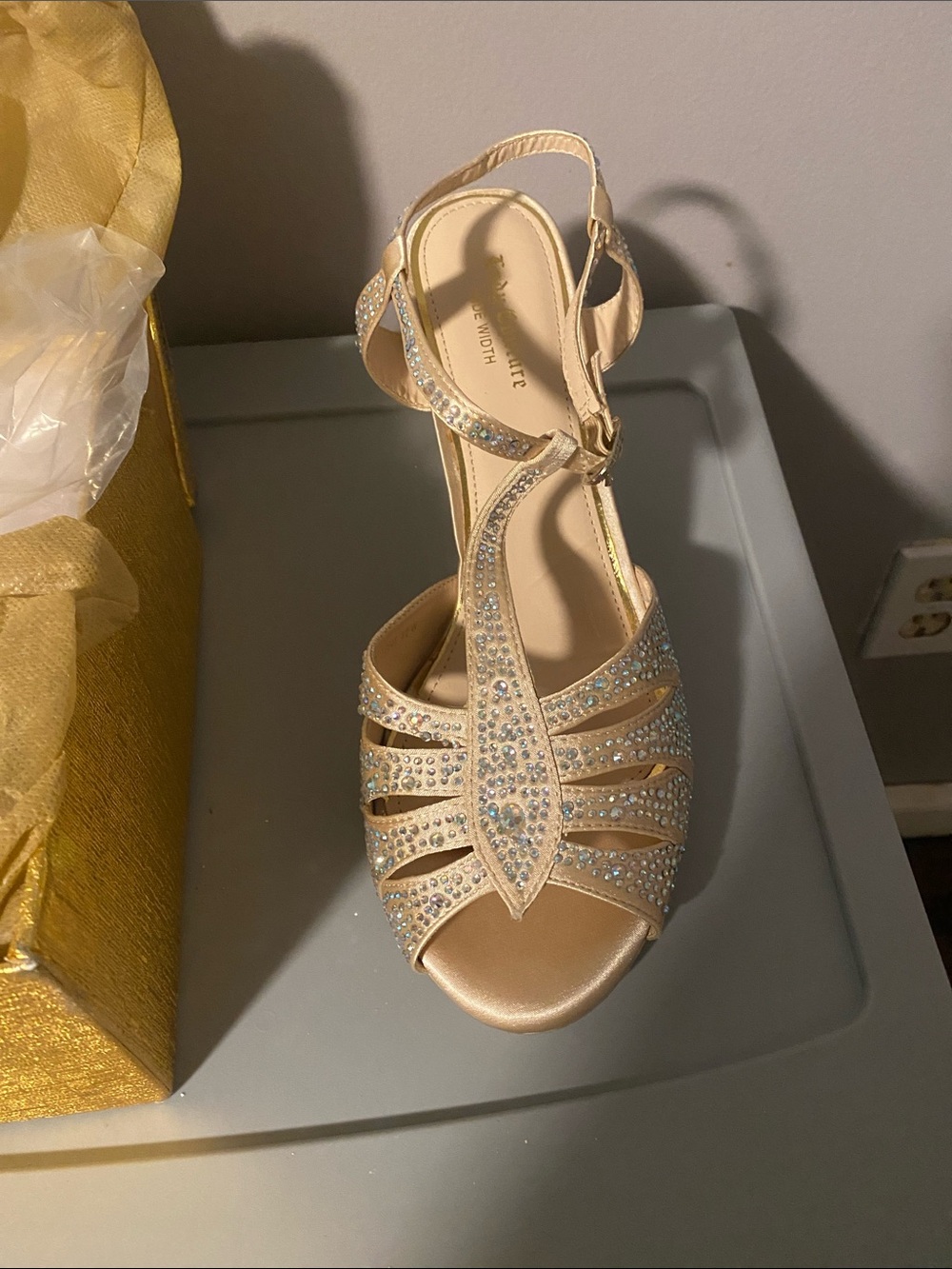 Beige/Gold Rhinestone T-Strap Dress Heel